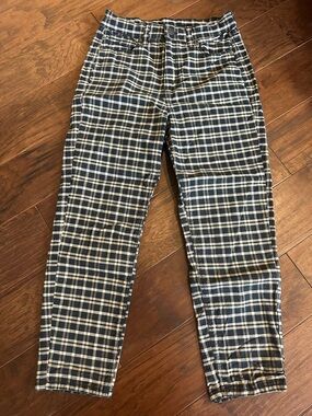 Plaid High-Waist Mom Jeans in Navy and Cream